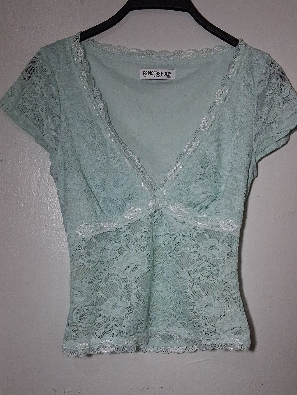 Princess Polly Pale Mint Lace V-Neck Short Sleeve Top